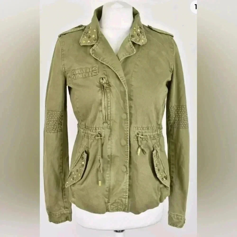 ZARA Trafaluc Green Windcheater Studded Jacket‎ Size S Outdoors Outerwear
